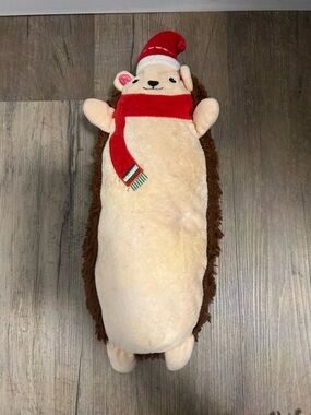 Plush Hedgehog Small Pet Bed Pillow - Cream and Brown with Red Accent